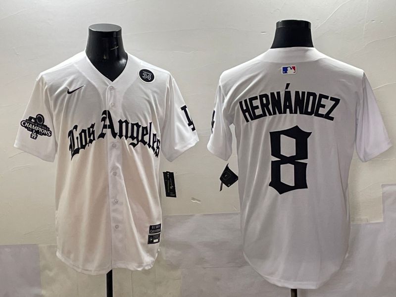 Men 2025 Los Angeles Dodgers #8 Hernandez White Five generations Joint Name Nike MLB Jersey style 51813